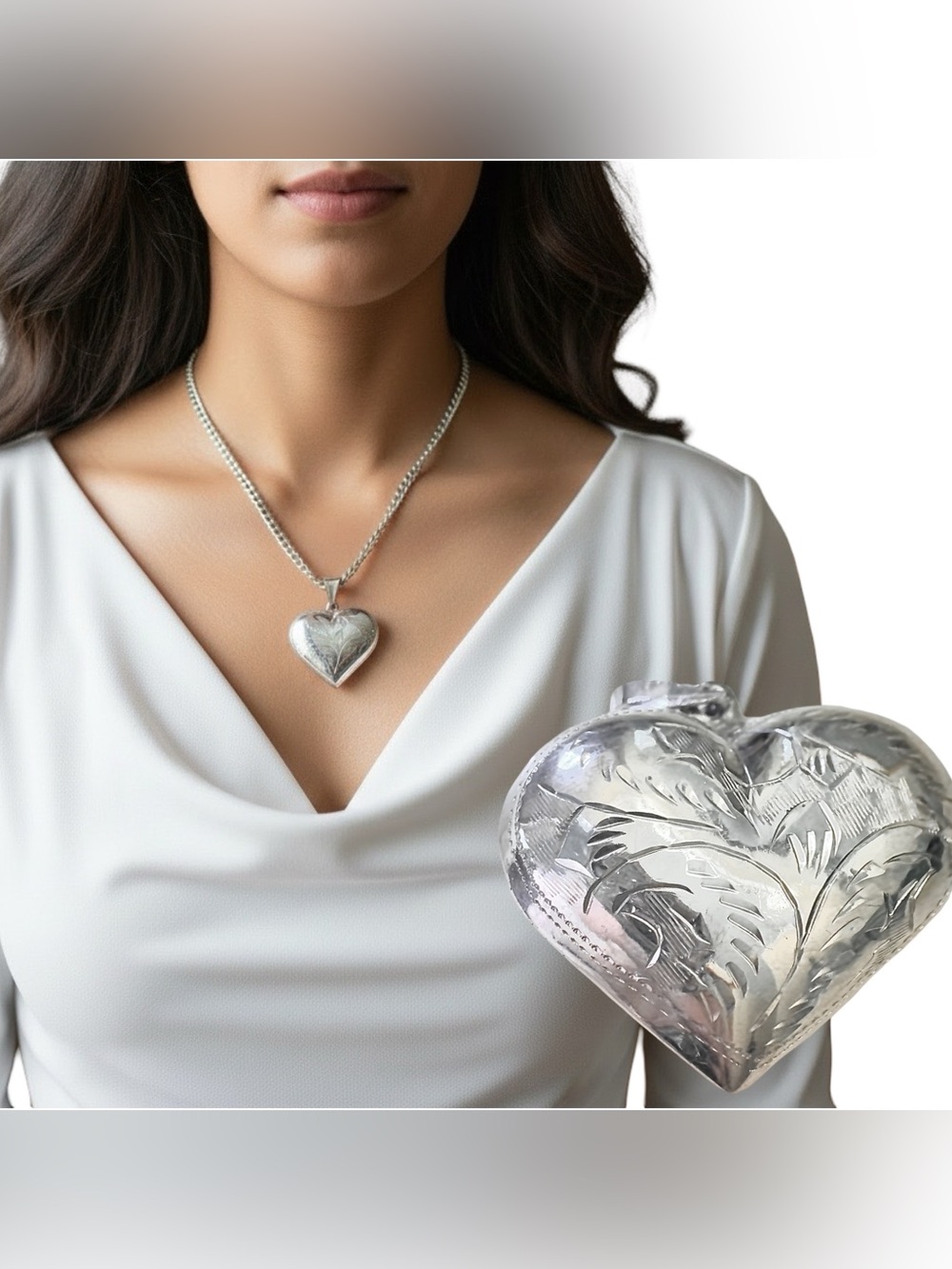 Vintage Sterling Silver Diamond Cut Etched Hollow "Puffy Heart" PENDANT ONLY